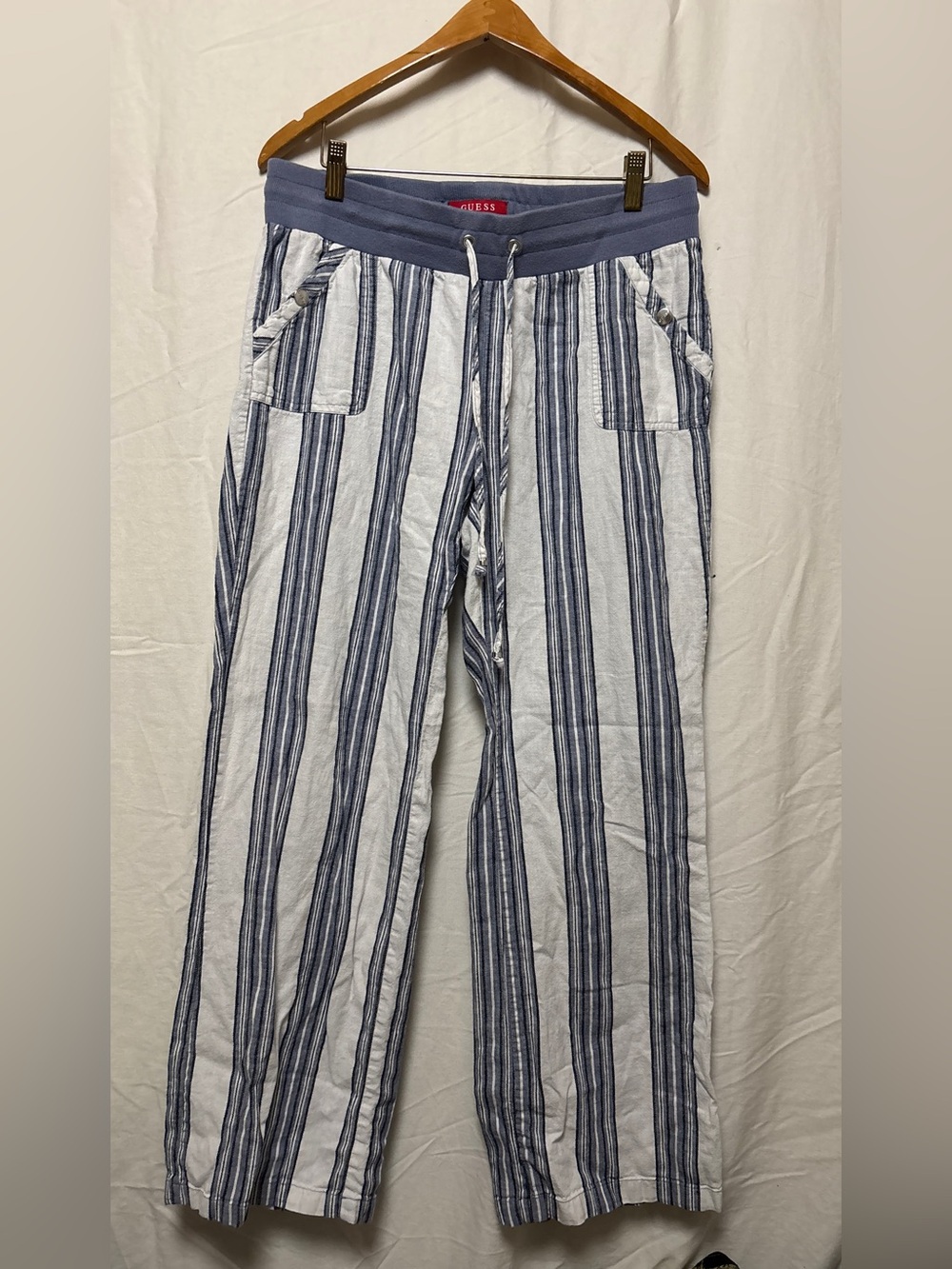 Guess Saida linen blend wide leg pants blue white striped